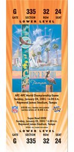 2001 Superbowl XXXV ticket hosted in Raymond James Stadium NY Giants vs Baltimore Ravens